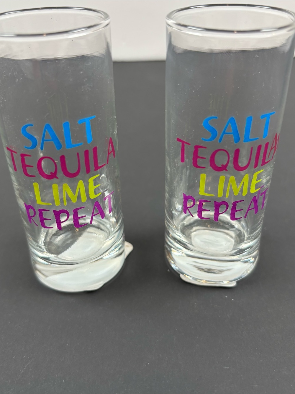 Set of 2 Shot Glasses Salt Tequila Lime Repeat Printed 2.5 oz Appox. 3.75” Tall